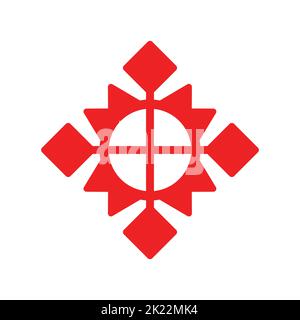 Vector isolated illustration with red geometric symbol of sun or flower. Simplified shape is ornamental element of Scandinavian people. Decorative ico Stock Vector