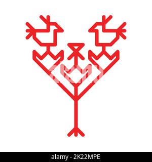 Vector isolated illustration with red simplified Finnish symbol of bellflower. Outline icon of flowers and birds is national Karelian ornamental eleme Stock Vector