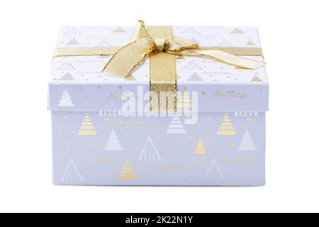 Christmas gift box with golden ribbon isolated on white Stock Photo