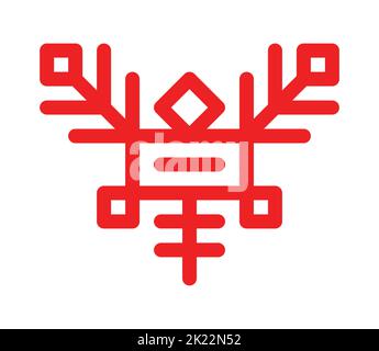Vector ornamental concept has red simple symbol of flying insect. Outline icon of mosquito is traditional decorative element of Karelia and Finland pe Stock Vector