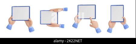 Two hands hold tablet computer with blank screen. Man using digital device, ebook or gadget, pointing or click on touchscreen with finger, 3d render illustration isolated on white background Stock Photo