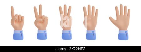3d render, count fingers, set of hands counting from one to five. Communication, number gestures concept, One, two, three, four, five isolated Illustration on white background in cartoon plastic style Stock Photo