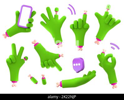 Zombie hands 3d render set, green monster character palm gestures, funny green Halloween personage fingers with bones holding mobile, ok, pointing, rock, Isolated illustration in cartoon plastic style Stock Photo