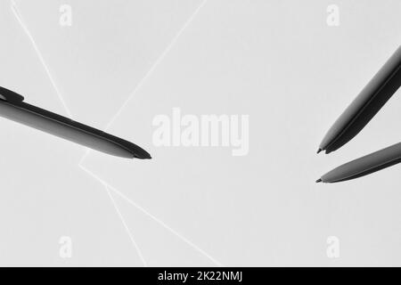 Office Desk Copy Space Mockup. Gray Pens on White Blank Paper Sheets. Work, Business Meeting. Stock Photo