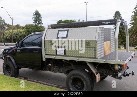 2013 Toyota Hilux workmate ute utility vehicle for sale , Barrenjoey Road,Avalon,Sydney,Australia, with ute toolbox on rear Stock Photo