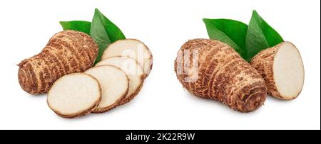 fresh taro root sliced with leaf isolated on white background Stock Photo