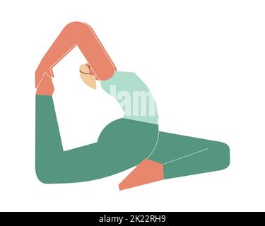 Vector isolated illustration with flat female character. Sportive woman learns Hip-Opening posture Eka Pada Rajakapotasana at yoga class. Fitness exer Stock Vector