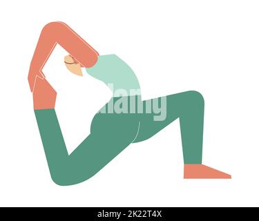 Vector isolated illustration with flat female character. Sportive woman learns posture with Backbend - Eka Pada Rajakapotasana 2 at yoga class. Fitnes Stock Vector