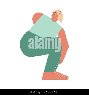 Vector isolated illustration with flat female character. Sportive woman learns Binding posture Pasasana at yoga class. Fitness exercise - Noose Pose Stock Vector