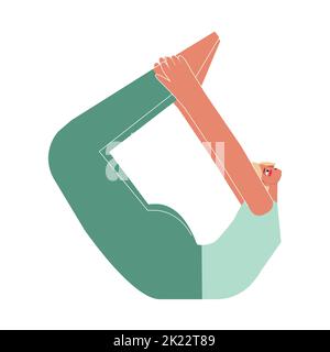 Vector isolated illustration with flat female character. Sportive exercise - Bow Pose. Strong woman learns chest-opening posture Dhanurasana at yoga c Stock Vector