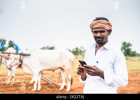 Portrait of happy smiling farmer with mobile phone looking at camera in fron ploughing cattlel at farmland Stock Photo