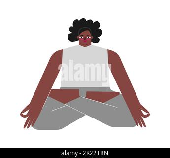 Vector isolated concept with flat female character. Strong african american woman learns stretching posture and does Lotus Pose at yoga class. Basic s Stock Vector