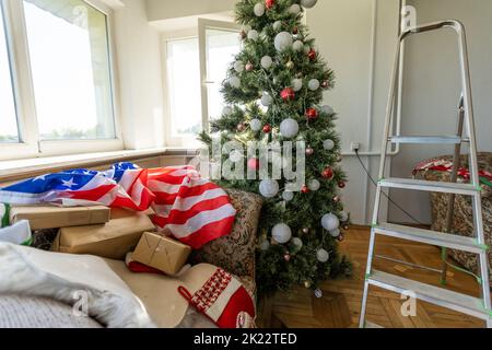 renovation in the room at Christmas and the US flag Stock Photo