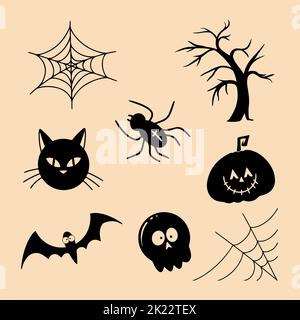 Halloween silhouettes tree bat spider web cat and skull Stock Vector