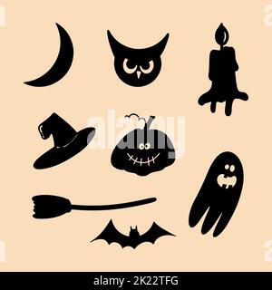 Halloween silhouettes ghost bat pumpkin owl crescent moon witch hat candle and broom Stock Vector