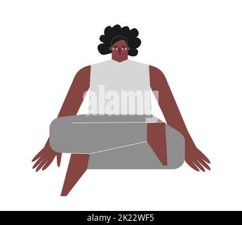 Vector isolated concept with flat body positive character. Sportive african american woman learns stretching asana and does Fire Log Pose at yoga clas Stock Vector