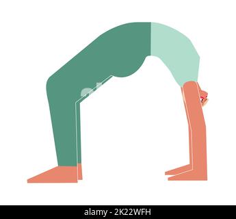 Vector isolated concept with flat female character. Strong woman learns posture Urdhva Dhanurasana at yoga class. Fitness exercise - Wheel Pose or Upw Stock Vector