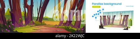 Parallax background cartoon summer nature landscape with dirt road in forest. Vector template for game animation with separated layers, scenery view with tree trunks, green grass, bushes and sunlight Stock Vector