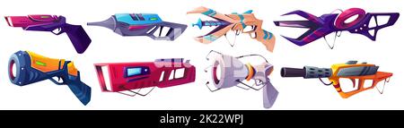 Space blasters, laser guns, futuristic alien weapons. Vector cartoon set of future arms, lazer and plasma pistols. Science fiction collection of cosmic weapon isolated on white background Stock Vector