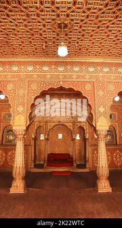 Anup Mahal of Junagarh Fort, Bikaner, Rajasthan, India which was actually a private audience hall. Intricate gold work is amazing. Stock Photo