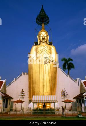 Thailand: Giant standing Buddha, Wat Intharawihan, Bangkok. The main feature of Bangkok's Wat Intharawihan is the 32-metre high standing Buddha called either Luang Pho To or Phrasiariyametri. It took over 60 years to complete and is decorated in glass mosaics and 24-carat gold. The topknot of the Buddha image contains a relic of Lord Buddha brought from Sri Lanka. The temple was built at the beginning of the Ayutthaya period. Stock Photo