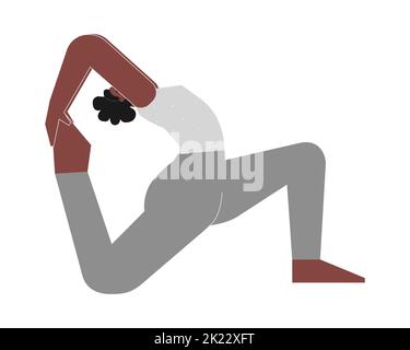 Vector illustration with female african american character. Sportive woman learns posture - Eka Pada Rajakapotasana 2 at yoga class. Fitness exercise Stock Vector