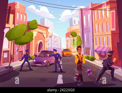 City street with characters on road, policemen, robber with stolen gold ring, discouraged puppeteer man with dolls on ropes. Game or book scene with funny personages, Cartoon vector illustration Stock Vector