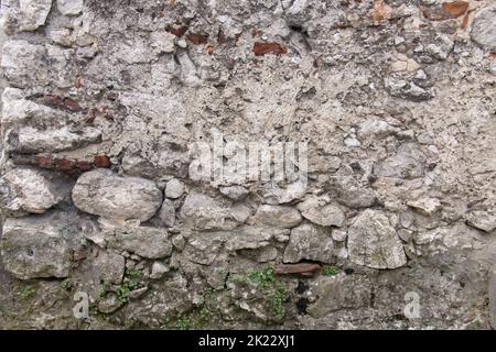 Close up partial view of a very old wall masoned with simple round creek stones with partially chipped plaster and growing green weeds as a concept fo Stock Photo