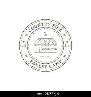 Minimalist countryside forest camp outline logo badge vector, traditional building architecture vector illustrations Stock Vector