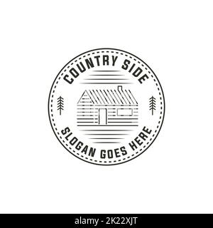 Minimalist countryside cabins logo design emblem, outline traditional building architecture vector illustrations Stock Vector