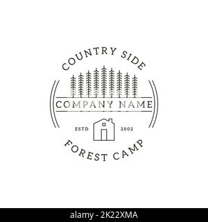 Minimalist outline countryside forest camp logo design vector, traditional building architecture vector illustrations Stock Vector
