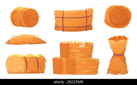 Hay bales, stacks, rolls and piles. Haystacks, dry grass bundles, wheat or rye fodder thatch from farm fields, meadows and pastures isolated on white background, vector cartoon set Stock Vector