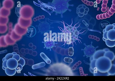 Abstract background with various color and shape microscopic viruses, bacteria and microbes. Vector realistic illustration. Stock Vector