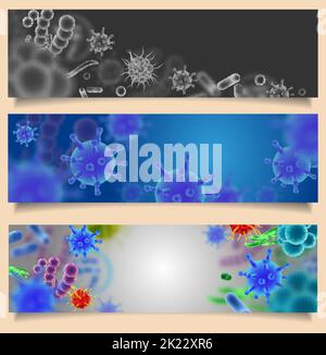 Vector set of horizontal banners web templates with various microscopic viruses, bacteria and microbes. Stock Vector