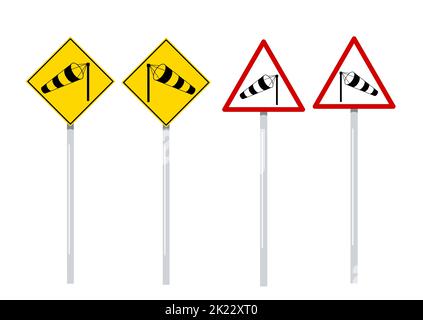 Crosswind traffic road sign on pole - windsock in yellow rhombus and red triangle vector illustration set. Stock Vector