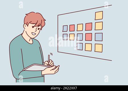 Motivated businessman brainstorm wok with sticky notes on board in office. Male employee or worker involved in creative thinking at workplace. Vector illustration.  Stock Vector