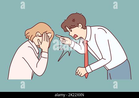 Furious businessman scolding stressed female employee at workplace. Angry male boss lecture scream at unhappy distressed woman worker. Vector illustration.  Stock Vector
