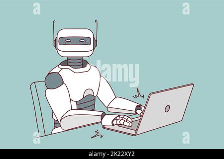Robot working on computer in office. Modern humanoid typing on laptop. Artificial intelligence concept. Robotic assistant at workplace. Vector illustration.  Stock Vector