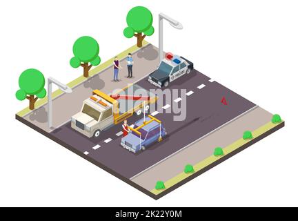 Car accident concept vector flat illustration. Isometric tow truck lifting damaged car, police car and policeman interviewing driver about traffic acc Stock Vector