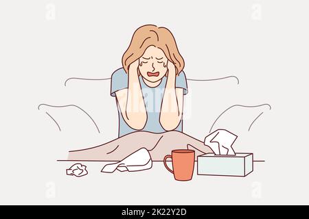 Unhappy young woman sit on couch at home crying suffering from depression or life problems. Sad girl feel down distressed alone. Breakup and mental trouble. Vector illustration.  Stock Vector