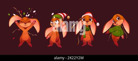 Happy cute bunny in Christmas clothes with snow and confetti. Vector cartoon illustration of funny rabbit character in hat, sweater and scarf, New Year animal isolated on background Stock Vector