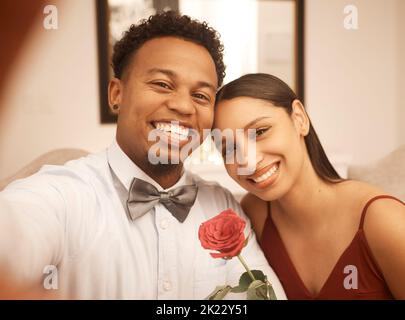 Selfie, smile and happy black man and woman on date in formal fashion excited for party or restaurant dinner. Portrait of African American couple in Stock Photo