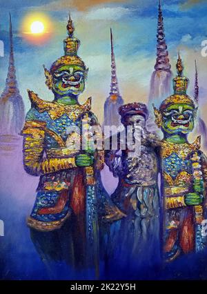 art oil painting Grand Palace bangkok Thailand , Ramayana story , giant guardians Stock Photo