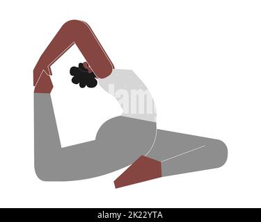 Vector illustration with flat female character. Sportive african american woman learns Hip-Opening posture Eka Pada Rajakapotasana at yoga class. Fitn Stock Vector