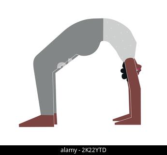 Vector isolated concept with flat female african american character. Strong woman learns posture Urdhva Dhanurasana at yoga class. Fitness exercise - Stock Vector