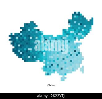 Vector isolated geometric illustration with simplified icy blue silhouette of China map. Pixel art style for NFT template. Dotted logo with gradient t Stock Vector