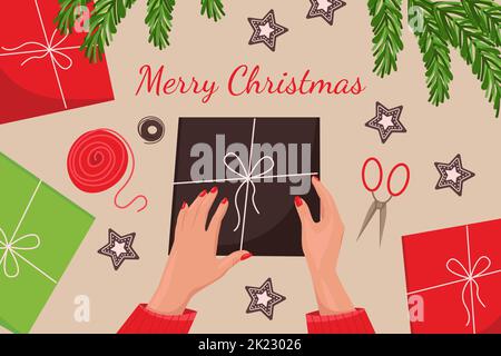 Wrapping gift boxes for Christmas and New Year holidays, top view, gingerbread cookies, Christmas tree branches, gifts, female hands with red manicure Stock Vector