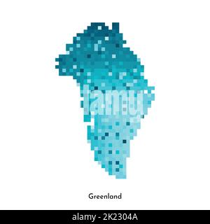 Vector isolated geometric illustration with simplified icy blue silhouette of Greenland map. Pixel art style for NFT template. Dotted logo with gradie Stock Vector