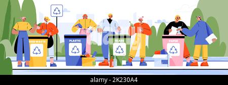 Happy people sorting waste flat vector illustration. Environmentally conscious men and women putting plastic, glass, paper, organic garbage in different trash bins for recycling. Care about ecology Stock Vector