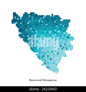 Vector isolated geometric illustration with simplified icy blue silhouette of Bosnia and Herzegovina map. Pixel art style for NFT template. Dotted log Stock Vector